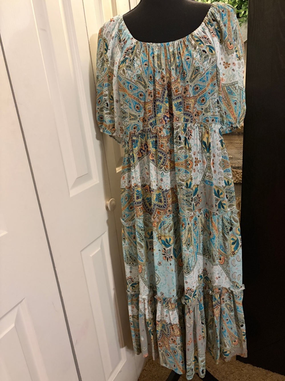 Fifteen Twenty Mint Boho Paisley Tiered Midi Dress with Puff Sleeves